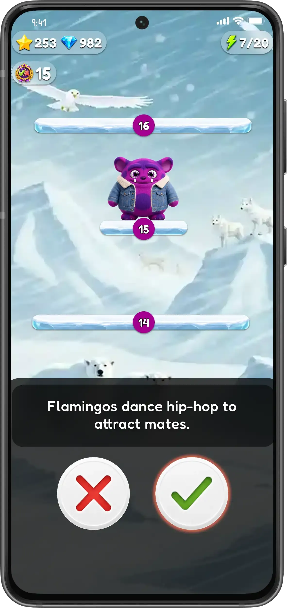 Glimp Climb screen in the Glimz app — a true-or-false climbing challenge