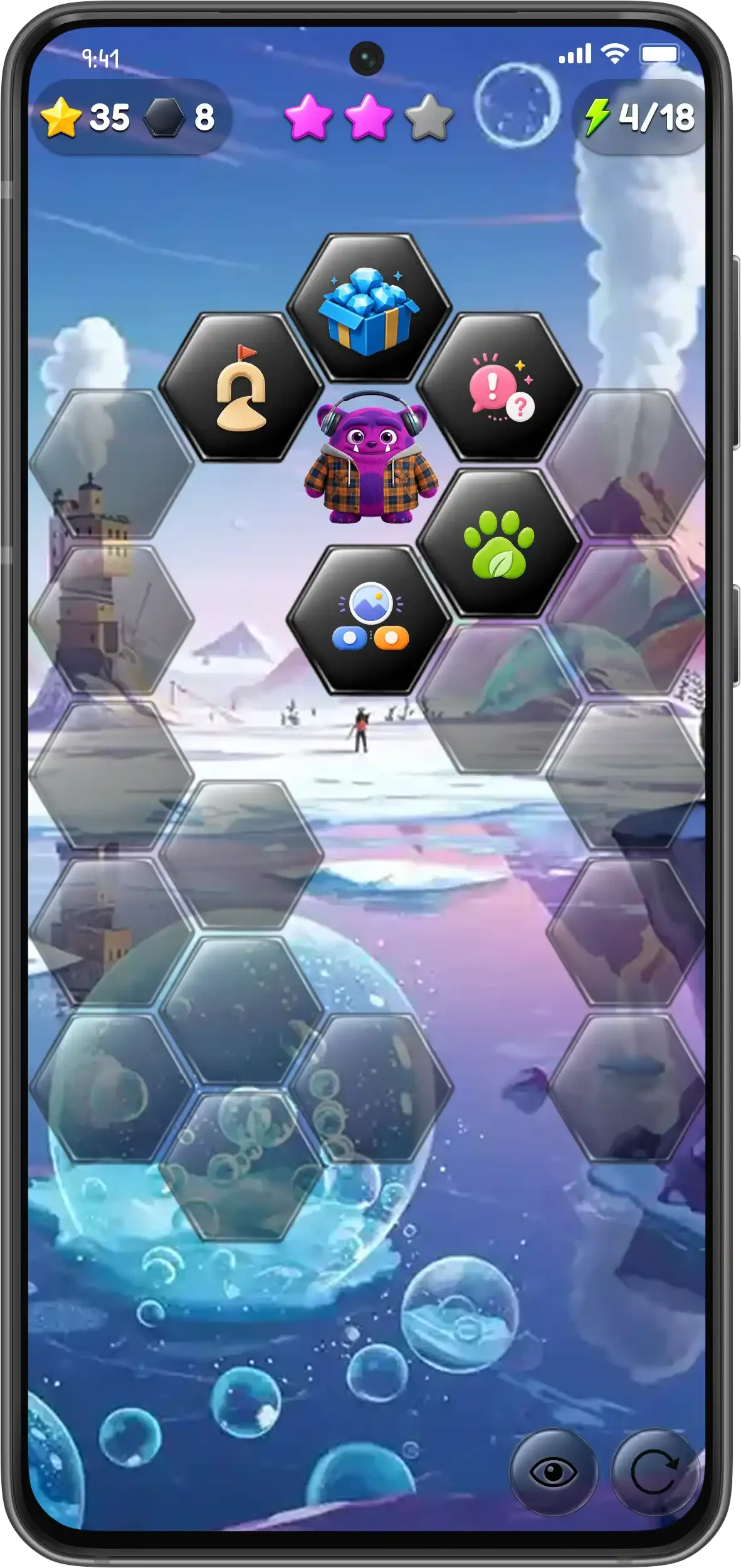 Glimpway screen in the Glimz app — a branching field of hexagonal steps to explore