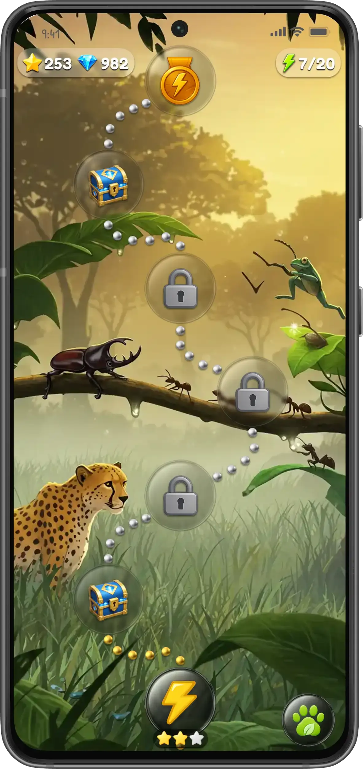 Quiz Trails screen in the Glimz app — a themed trail of quiz steps with chests and medals